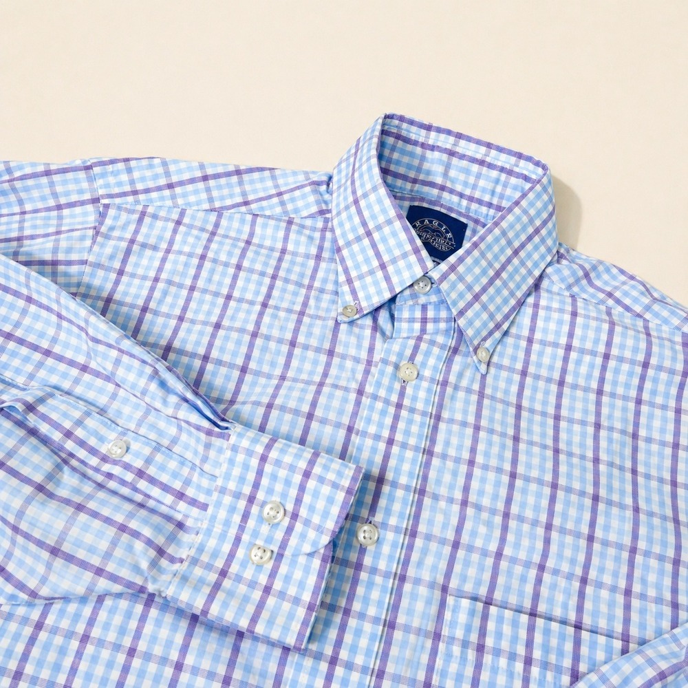 Eagle Shirtmakers Dress Shirt Mens 16.5 32/33 Blue Plaid Stretch Collar M Button